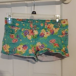 Floral teal jean shorts